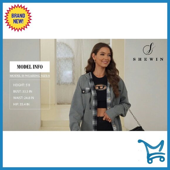 Waffle Knit Plaid Shacket Hooded Jacket Loose Fit Button Down Top - Picture 6 of 6